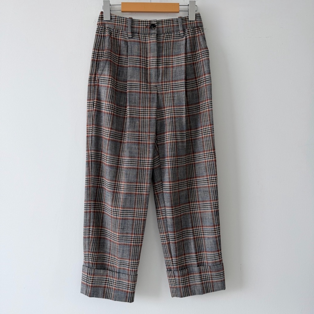 Wilfred Davita Plaid Wool Pants High Rise Cuffed Cropped Brown Check Trouser 0 - Picture 2 of 14